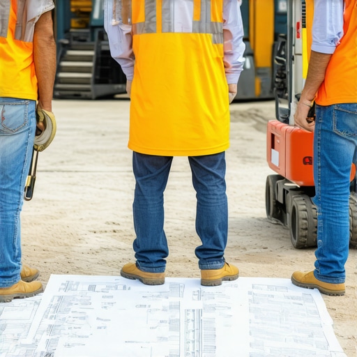 Construction Site Planning and Estimation Construction site with workers and blueprints, representing project planning and cost estimation.