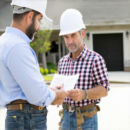 Expert Permitting Consultation for Home Additions Contractor and homeowner reviewing permit paperwork outside new home extension.