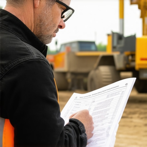 Expert Reviewing Permits and Cost Estimates Contractor analyzing permit paperwork and budgeting charts at construction site