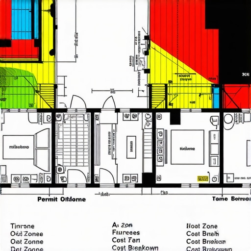 Illustration of a detailed home addition project plan with permit zones, costs, and timelines.