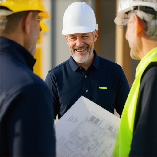 Modern Construction Permit Process in 2025 Homeowner discussing permit plans with officials at construction site.
