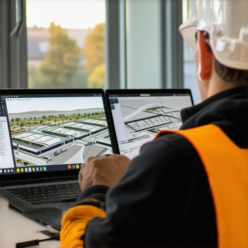 Modern Construction Site with BIM Construction site with digital tools and BIM models in use