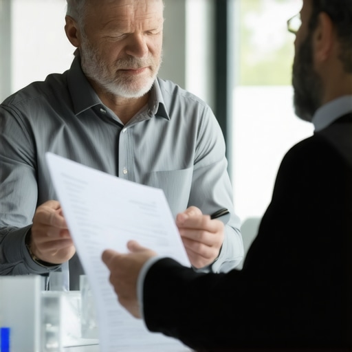 Homeowner discussing permit requirements with city official in office
