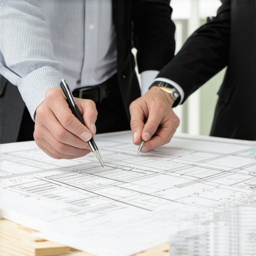 Architect and city official discussing detailed permit plans.