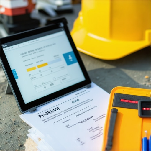 Construction site with permit documents and digital estimation tools
