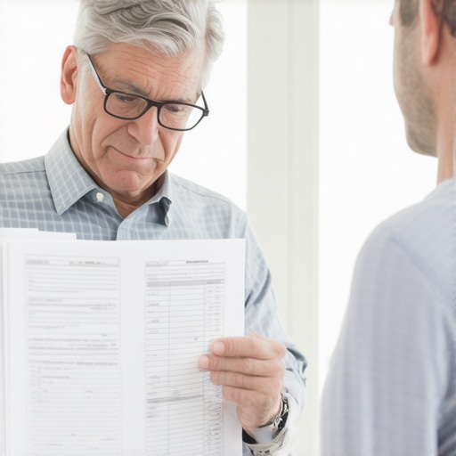 Homeowner and contractor discussing cost estimates and permits at a desk.