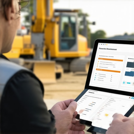 Digital Permit Management in Construction Construction site with tablets showing permit management tools
