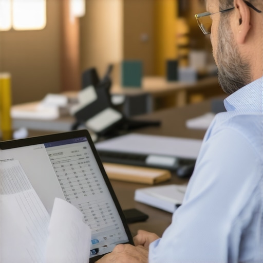 Expert Reviewing Permits and Cost Estimates Construction professional analyzing permits and estimates on a laptop in an office setting.