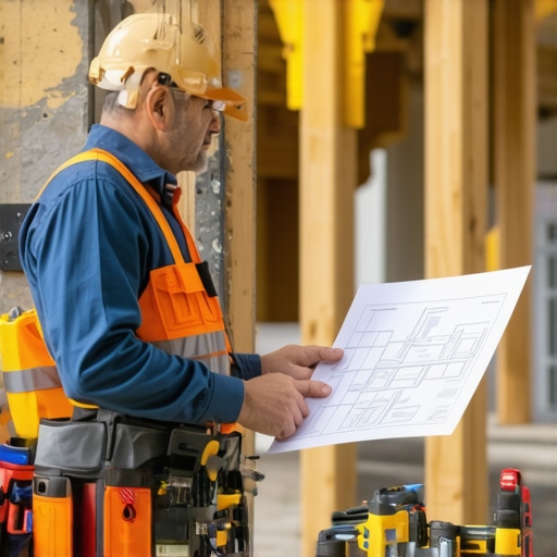 Expert contractor reviewing permits and plans Contractor analyzing blueprints and permit documents at construction site