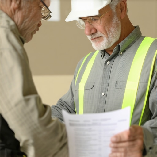 Homeowner and Contractor Reviewing Permitting Documents Homeowner discussing permit and project details with contractor