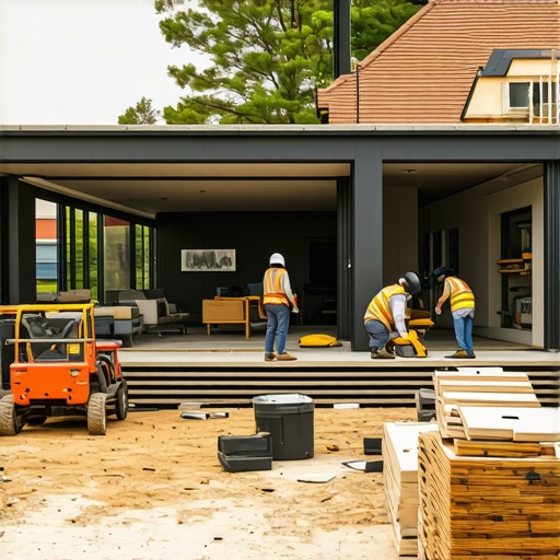 Modern Home Addition Construction Site Construction workers building a new home addition with modern equipment.