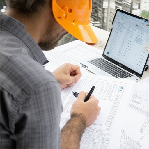 Contractor reviewing estimates and permit plans at a construction site