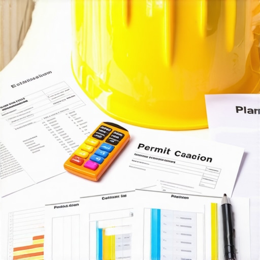 Construction Planning and Estimation Construction site with permit documents and budget spreadsheets on a table.
