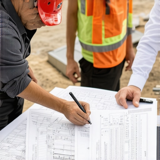 Construction workers reviewing plans and permits at a site.