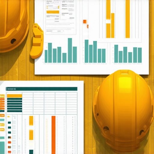 Illustration showing construction documents, permits, and estimation charts at a building site