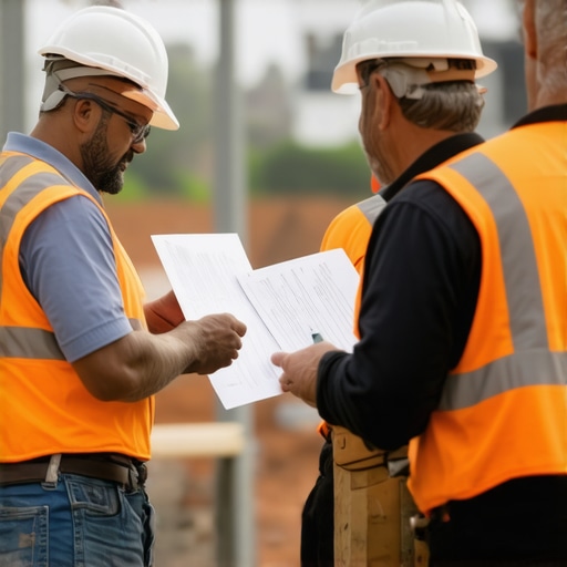 Workers reviewing construction plans with permit officials at a site
