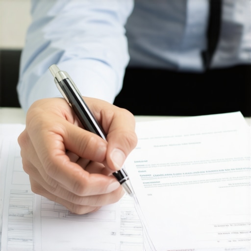 Homeowner discussing permit documents with local authorities in an office.