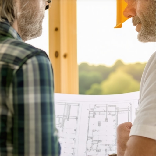 Homeowner and contractor reviewing blueprints Homeowner discussing project plans with contractor at construction site