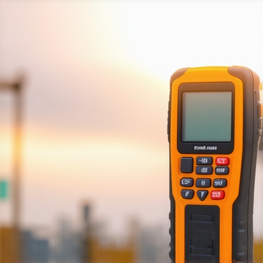 A professional using a laser distance meter on a construction site for accurate measurements