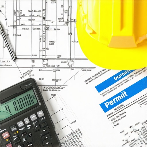 Blueprints, calculator, and permit documents on a construction table