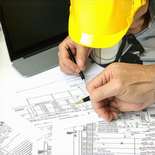A professional reviewing building permits and cost estimates with blueprints and a laptop on a desk.