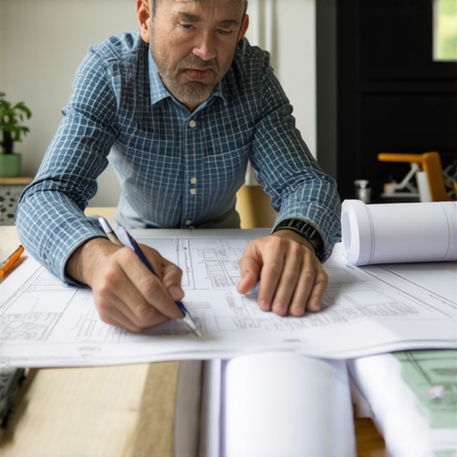 Homeowner and contractor discussing blueprints during renovation planning.