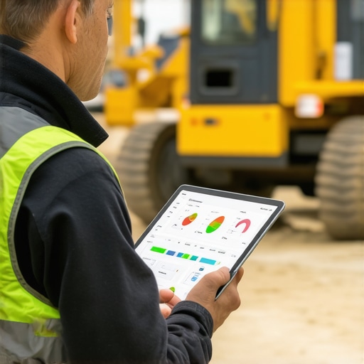 Digital Construction Management Technician managing project timelines on a tablet at a construction site.