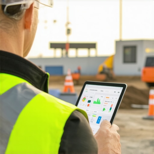 A construction site manager using a tablet to monitor project progress with a background of active construction.