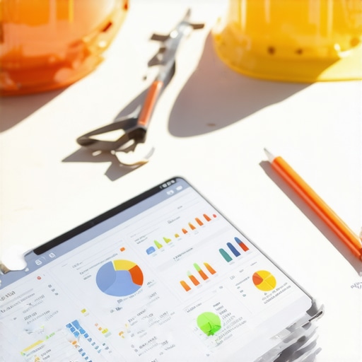 Digital Tools at a Construction Site A construction worker using a tablet displaying project management software on a sunny day at a construction site.