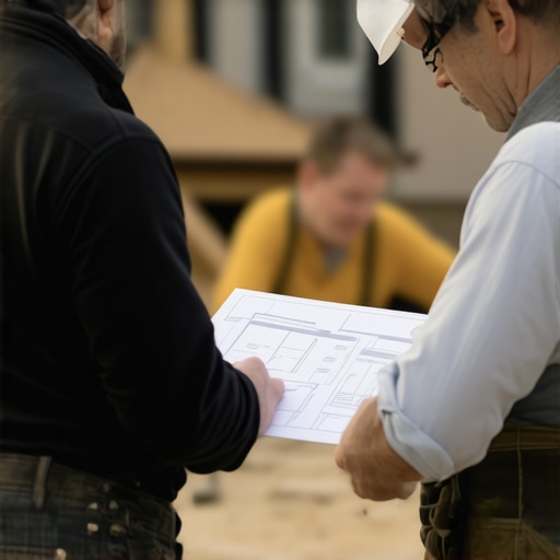 A homeowner and contractor discussing construction plans and permits at a building site.