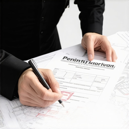 Person reviewing construction permits at a site with blueprints