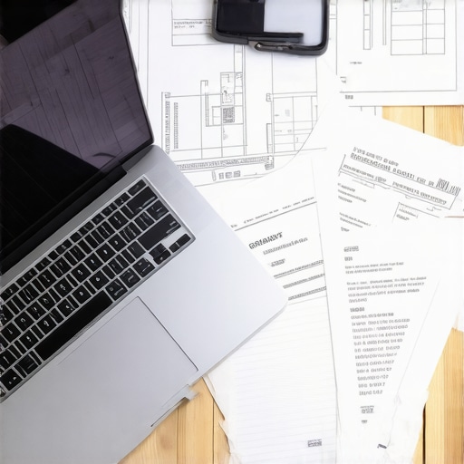 Construction site with permit files, laptop displaying estimates, and project blueprints.