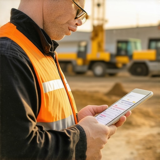 Construction professional analyzing permit plans and cost estimates using a tablet at a building site.