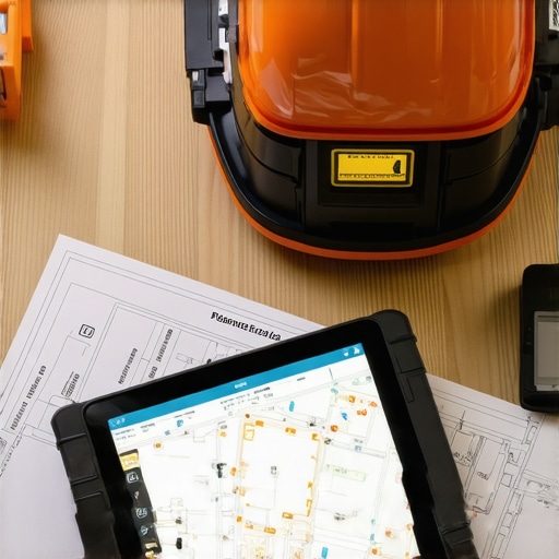 Smart Tools for Construction Maintenance Construction site with digital measurement tools and project management software.