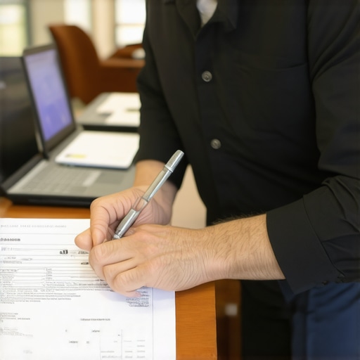Homeowner and city staff discussing permit paperwork at municipal office.