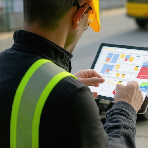 A construction professional with tablet managing a building site.