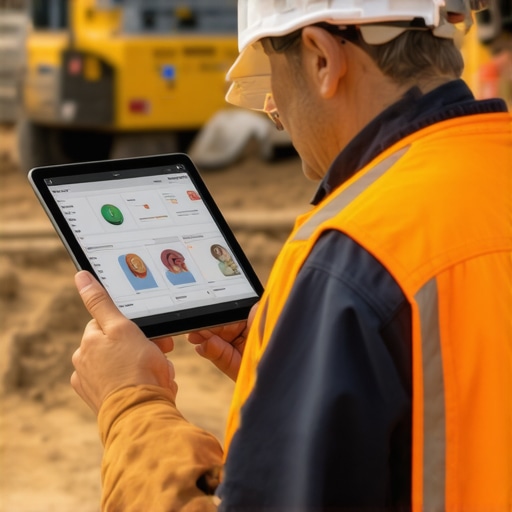 A construction manager reviewing project progress on a tablet at a construction site.