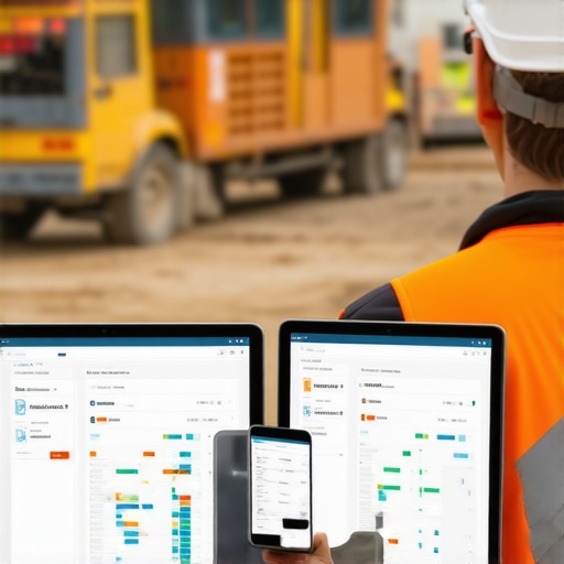 Construction engineer using tablet with project management software at site.