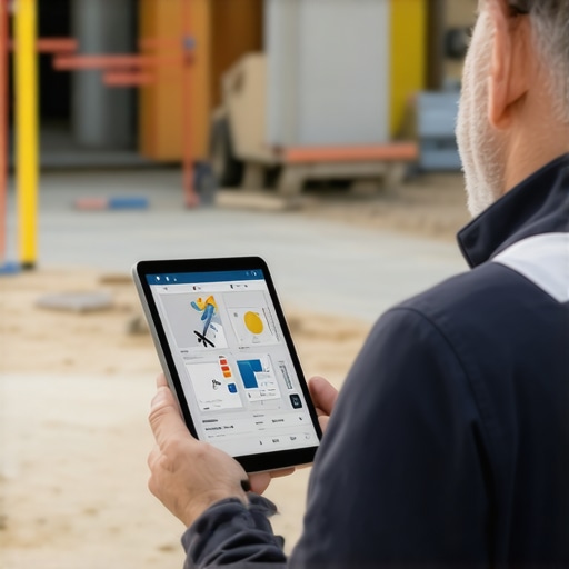 Construction manager analyzing project details on a tablet amidst active construction site.