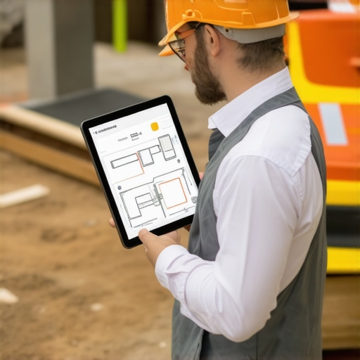 A construction professional managing project details with a tablet on-site.