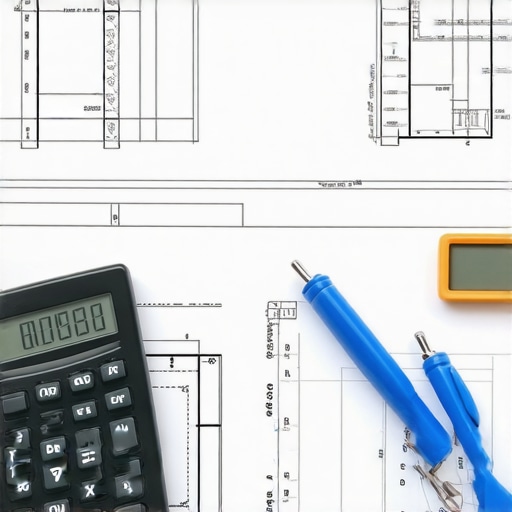 A construction site scene with budget sheets and building plans, representing cost estimation.