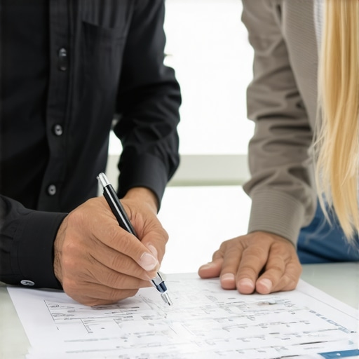 A couple discussing environmental assessment papers with an auditor in a home construction setting.