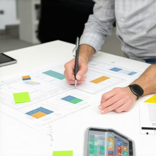 A professional construction estimator analyzing blueprints, laptop, and cost sheets in a well-lit office setting.