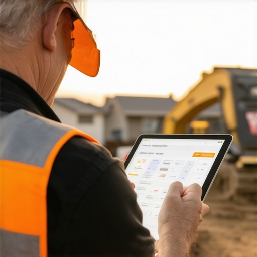 Homeowner managing construction project on tablet at site.