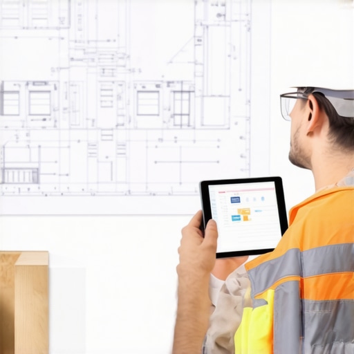 Construction site workers using tablets and blueprints to coordinate project tasks.