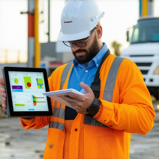 A construction worker using a tablet and thermal camera at a building site, demonstrating advanced project management tools.