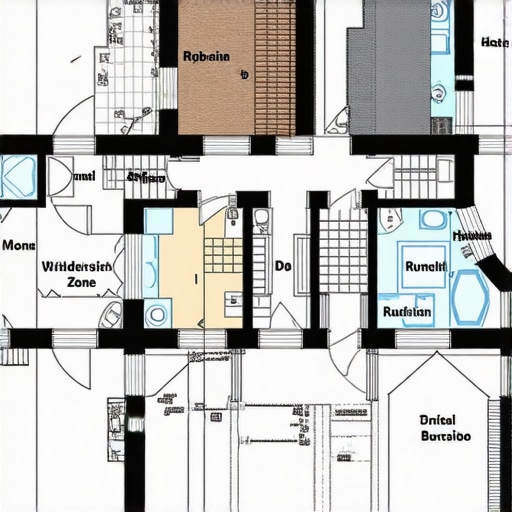 Blueprint of a home addition in wildfire zone highlighting fire-resistant materials and safety measures.
