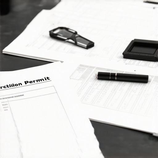 A photo of a permit office desk with construction plans and documents.