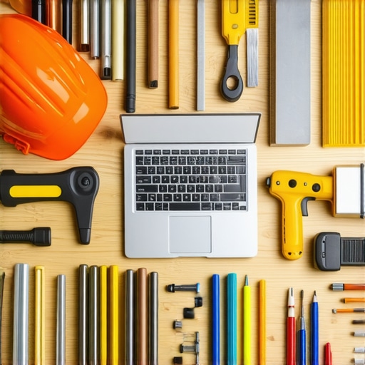 A well-organized construction site with digital device and tools for project management and estimation.