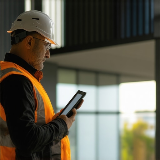Construction manager employing augmented reality on site to oversee progress